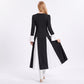 Color Block Belted Long Sleeve Fit and Flare Midi Dress