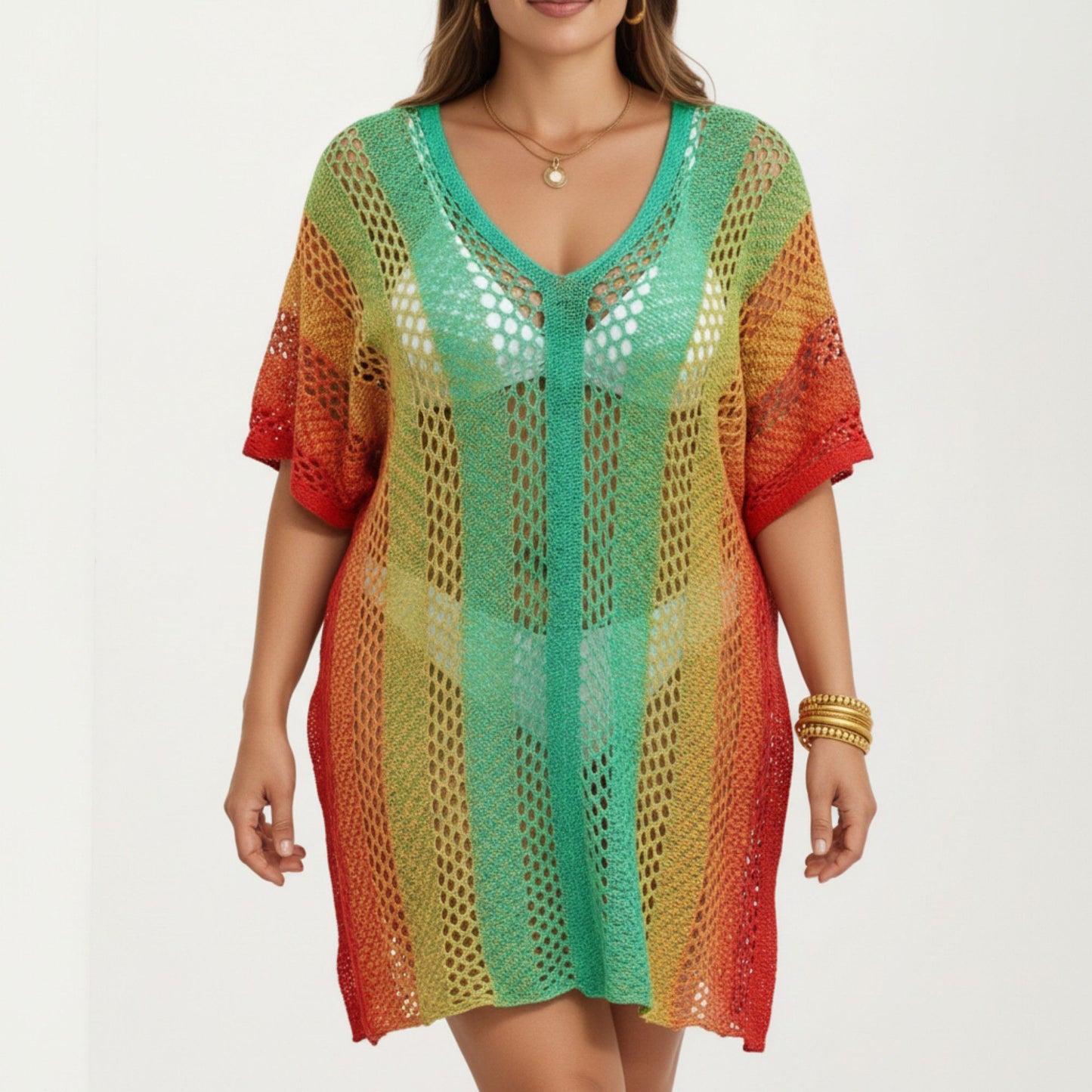 Ombre Crochet Swim Cover Up Dress with Open Knit Mesh Design V Neck Short Sleeves Relaxed Fit