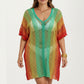 Ombre Crochet Swim Cover Up Dress with Open Knit Mesh Design V Neck Short Sleeves Relaxed Fit