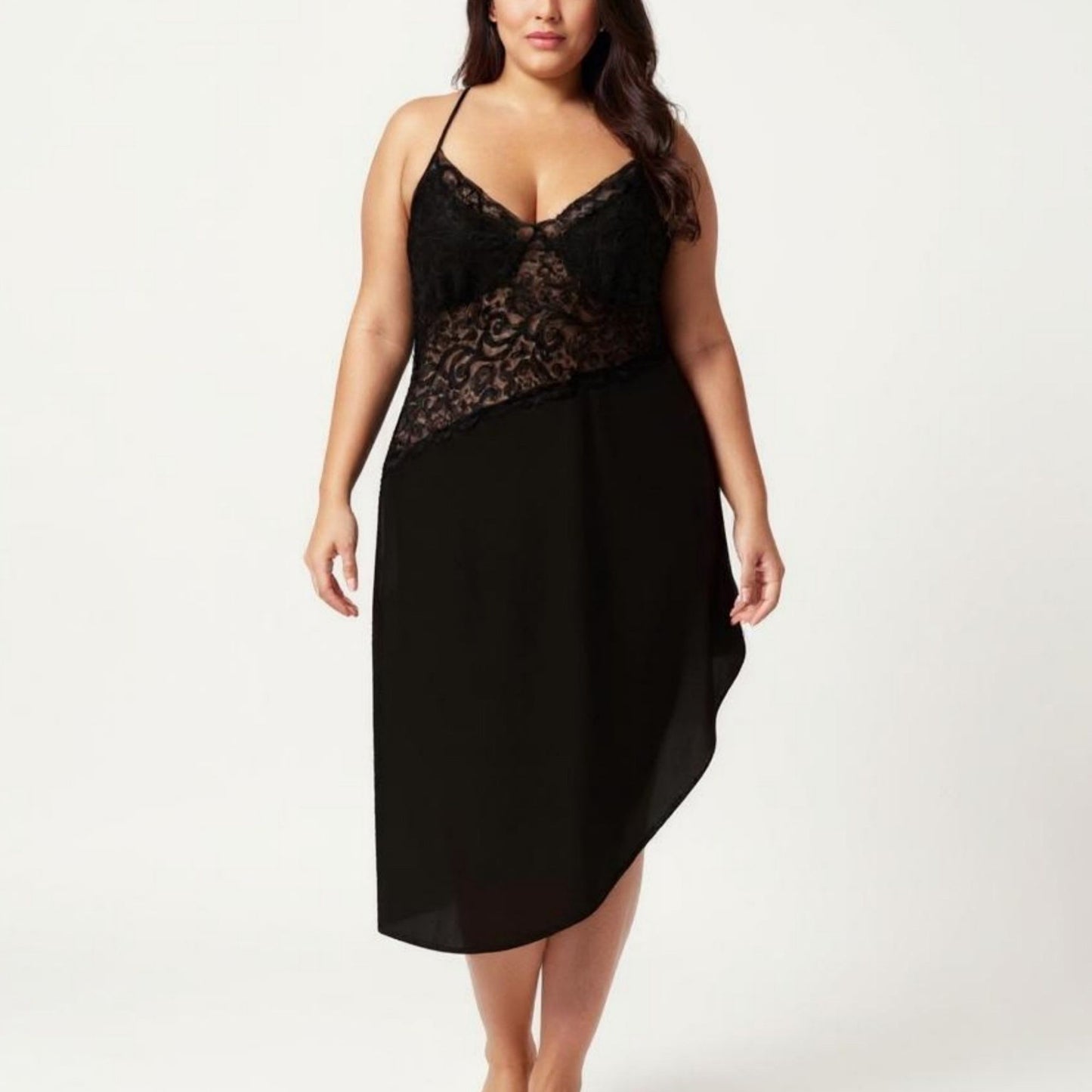 Plus Size Lace Panel Slip Nightgown with Adjustable Spaghetti Straps V Neck Asymmetrical Hem Sleepwear