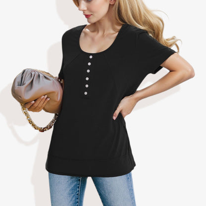 Solid Round Neck Short Sleeve Top with Decorative Buttons