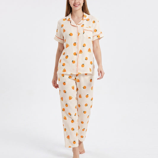 2-Piece Set Fruit Print Button Front Pajama Top and Relaxed Pants Sleepwear