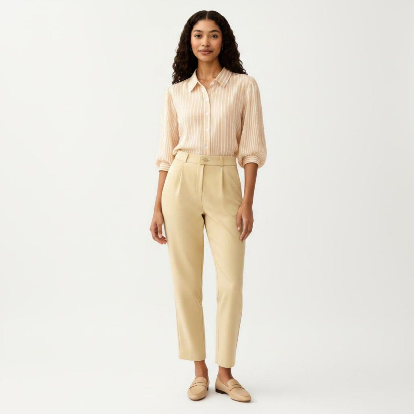 Striped Button Down Blouse with Collared Neckline and Puff Sleeves