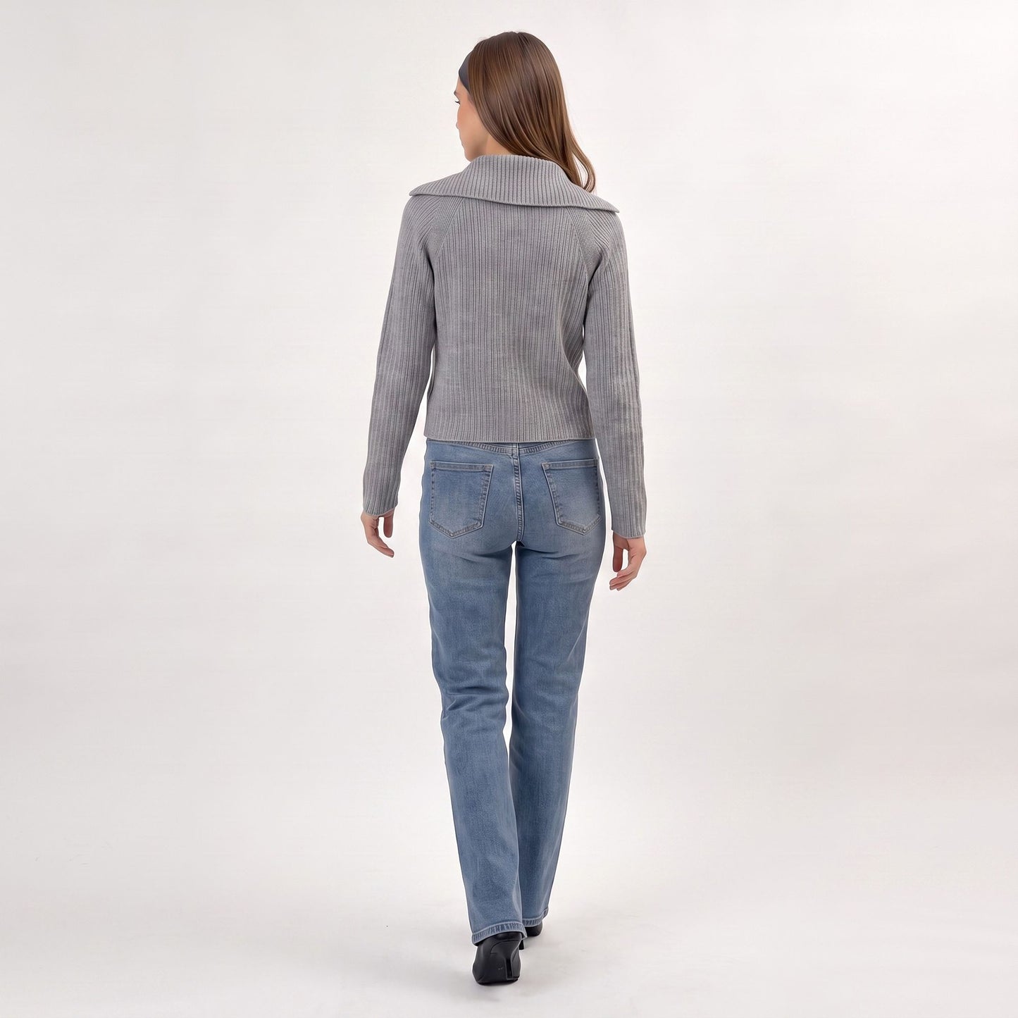 Ribbed Wide Collar Zip-Front Cardigan Sweater