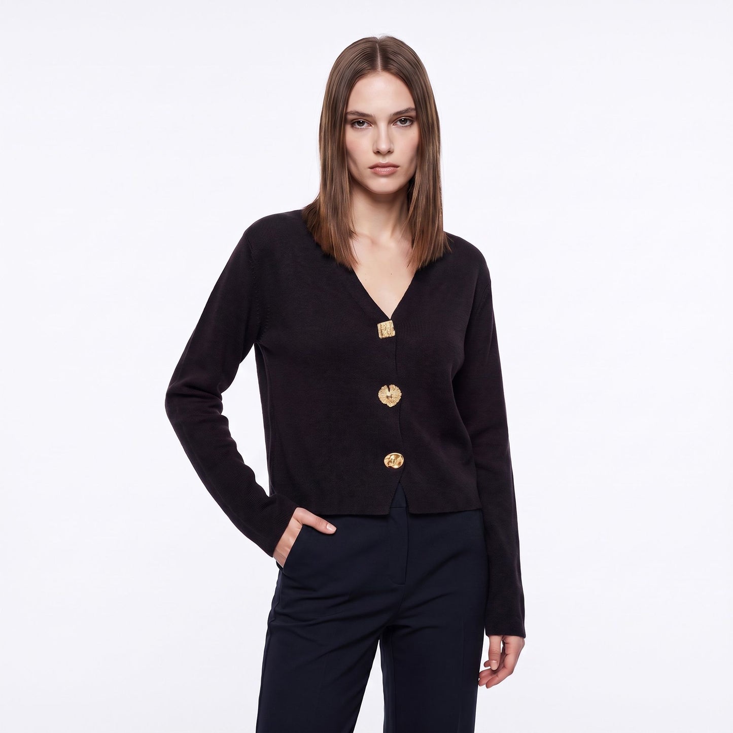 V Neck Decorative Gold Button Knit Cardigan Sweater