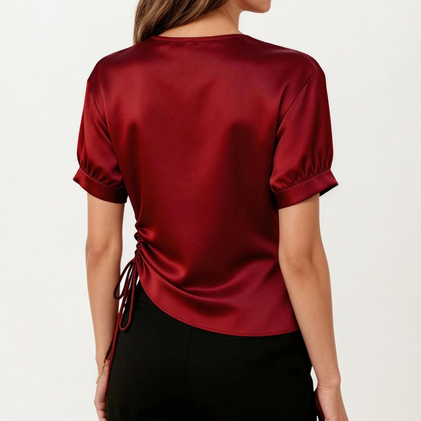 Satin V Neck Blouse with Puff Sleeves and Side Ruched Drawstring