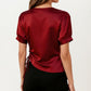 Satin V Neck Blouse with Puff Sleeves and Side Ruched Drawstring