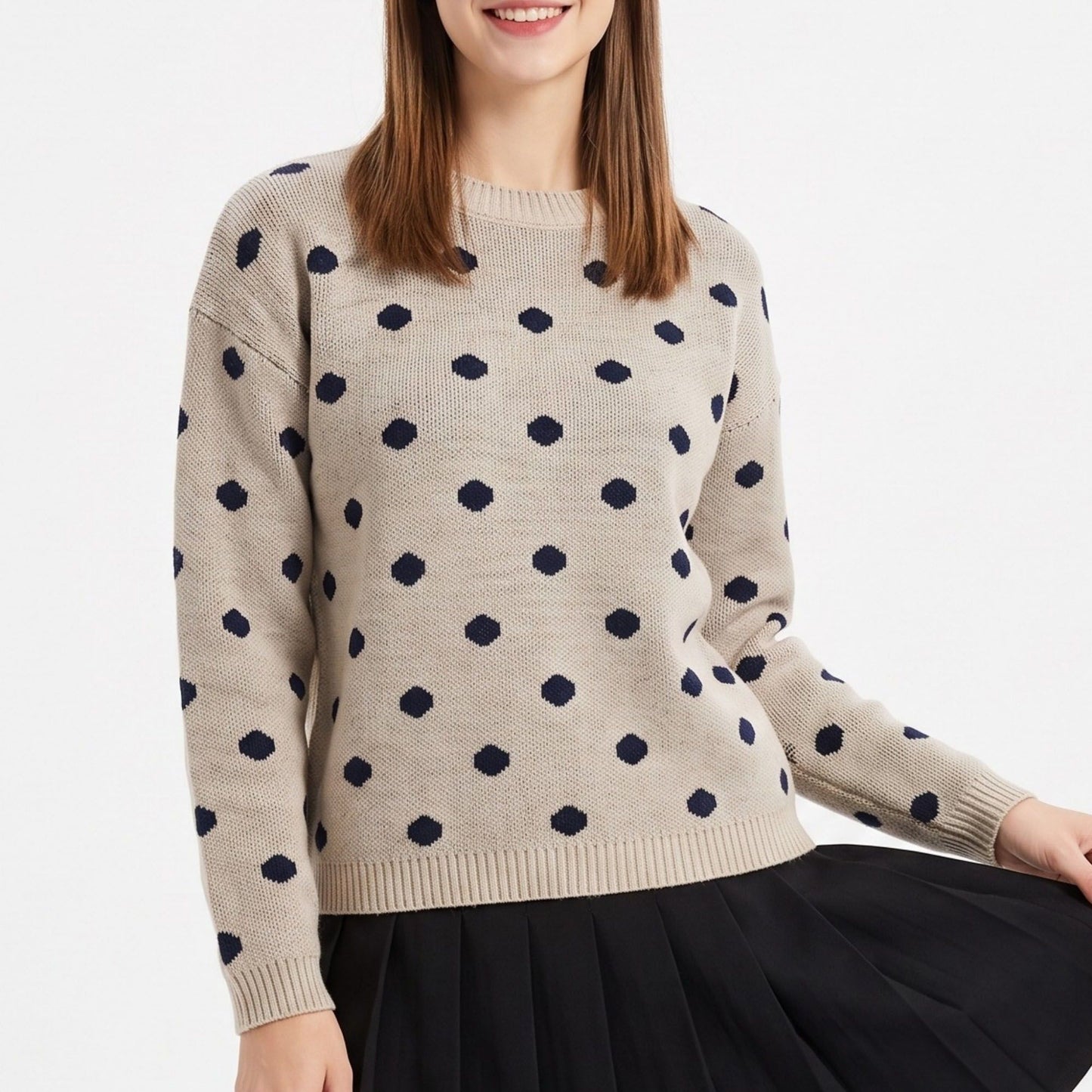 Polka Dot Crewneck Long Sleeve Pullover Sweater