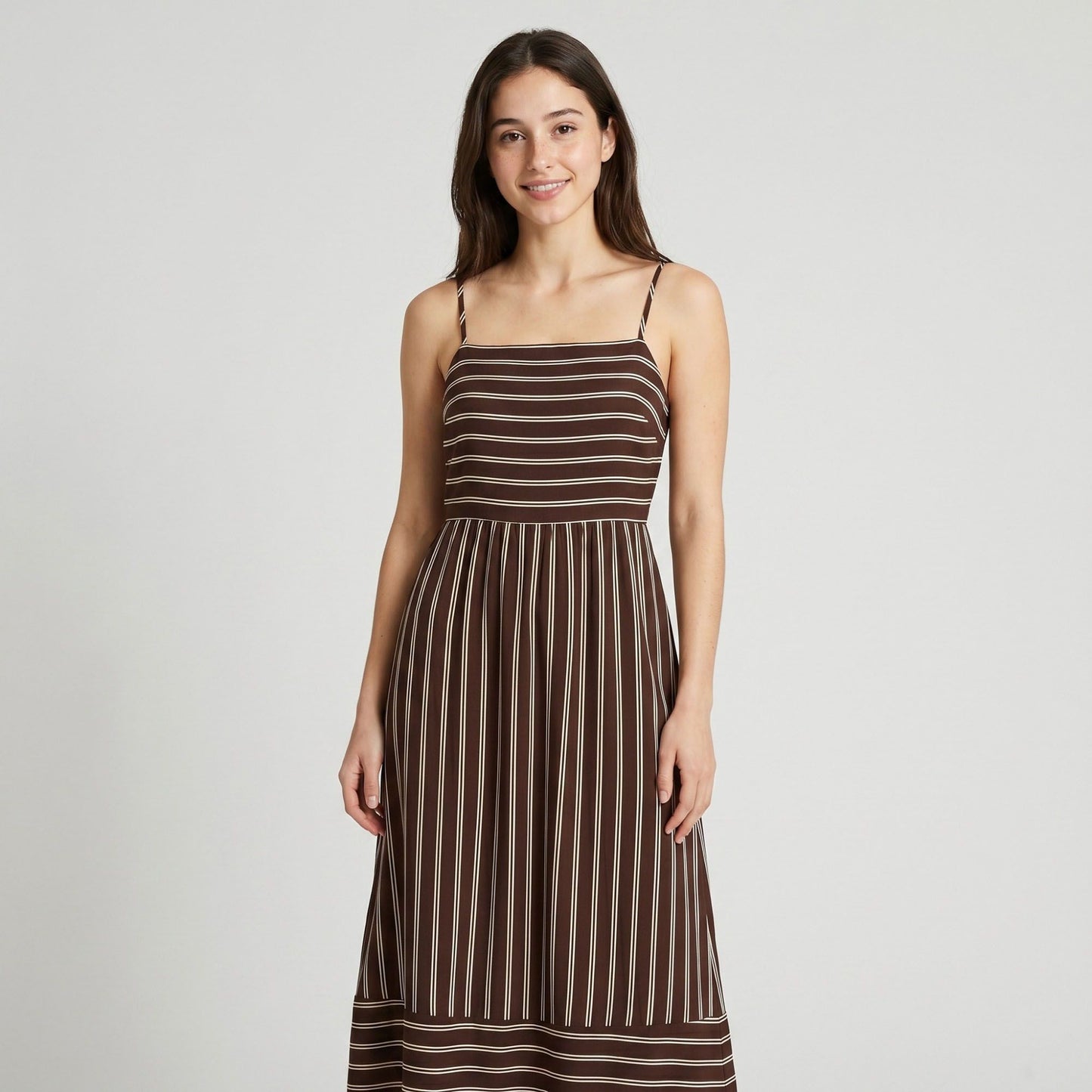 Striped Square Neck Sleeveless Maxi Dress with Fitted Bodice Adjustable Straps and Flowy Tiered A-Line Skirt