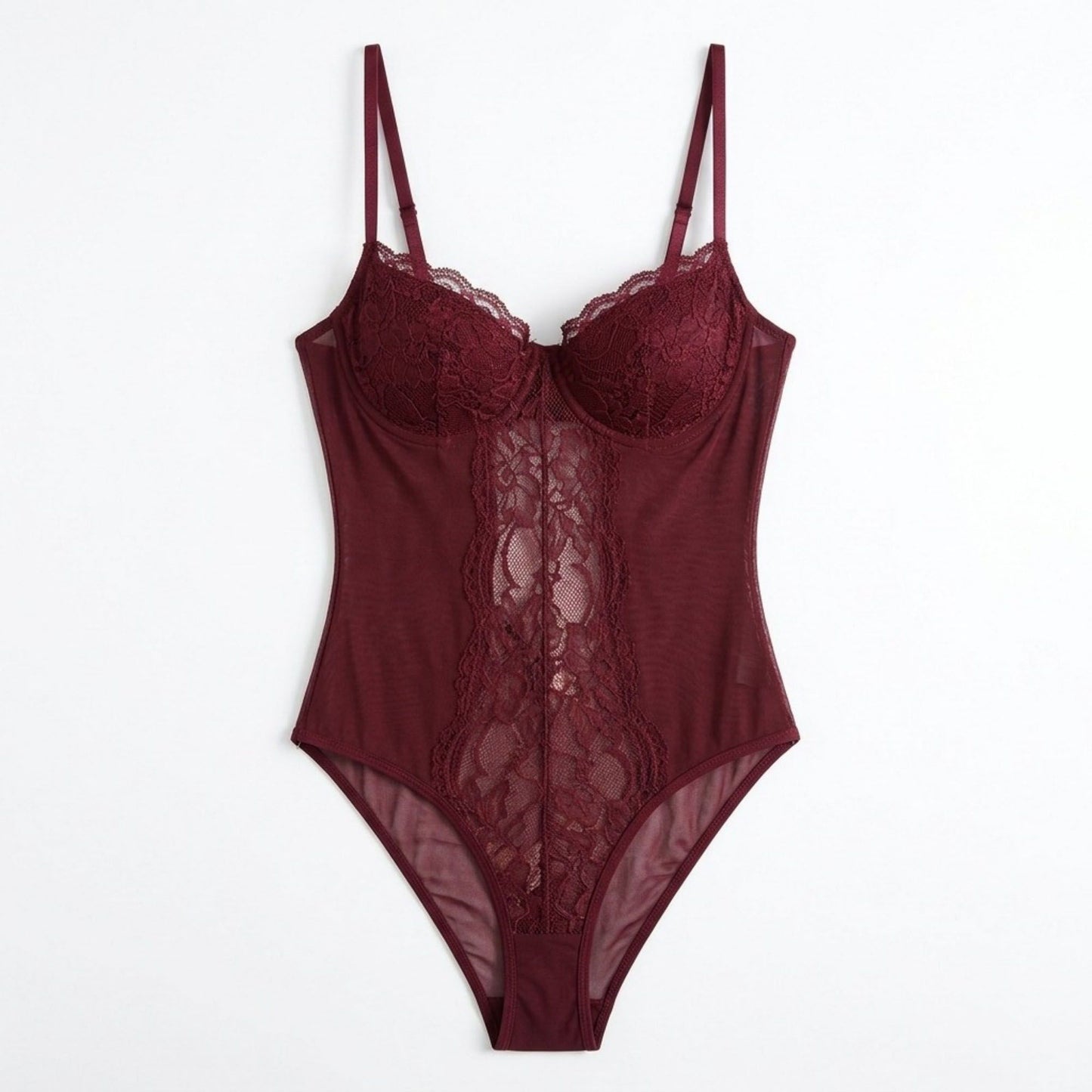 Floral Lace Mesh Bodysuit with Underwire Cups and Adjustable Straps