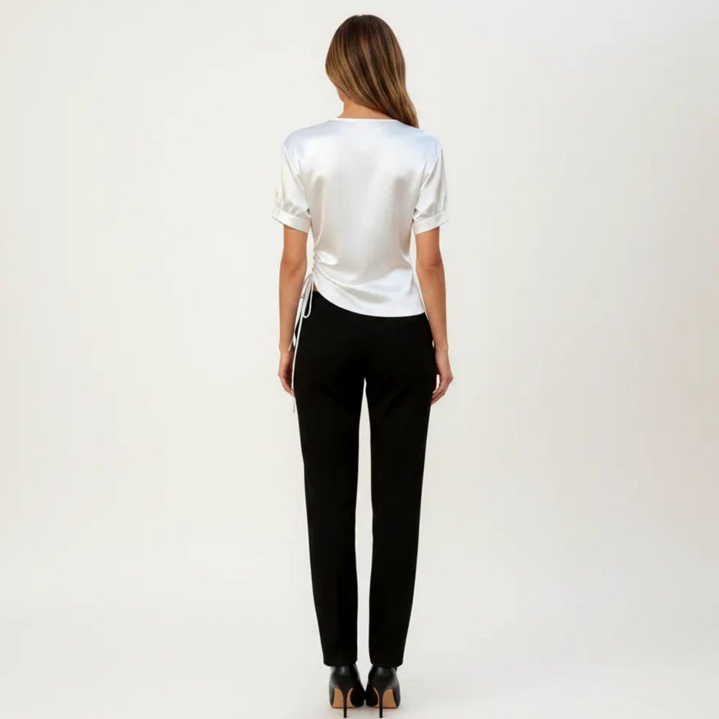 Satin V Neck Blouse with Puff Sleeves and Side Ruched Drawstring