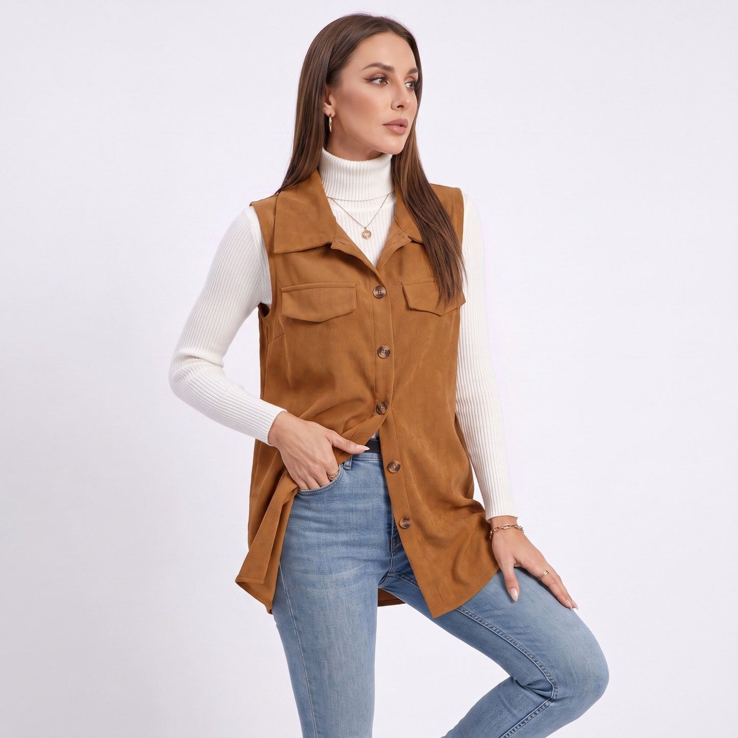 Button Front Corduroy Vest with Flap Pockets