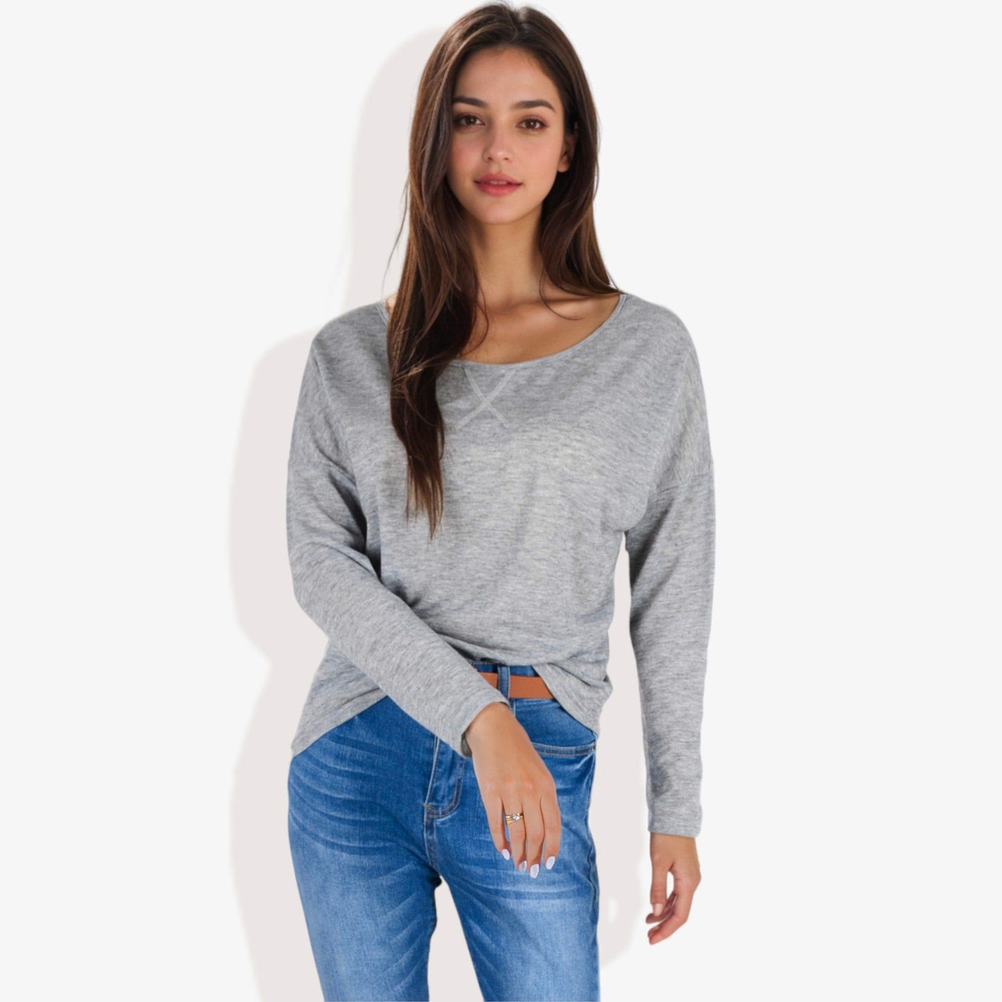 Long Sleeve Boat Neck Pullover Top with Stitch Detail