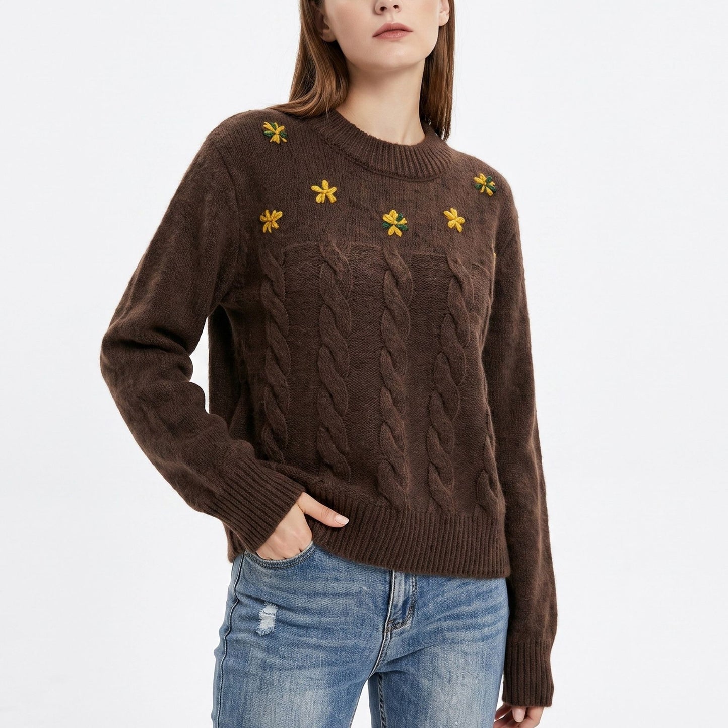 Floral Embroidered Cable Knit Crewneck Sweater