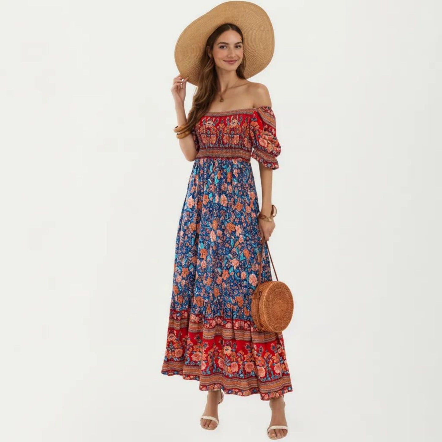 Puff Sleeve Maxi Dress with Mixed Floral Print and Border Hem