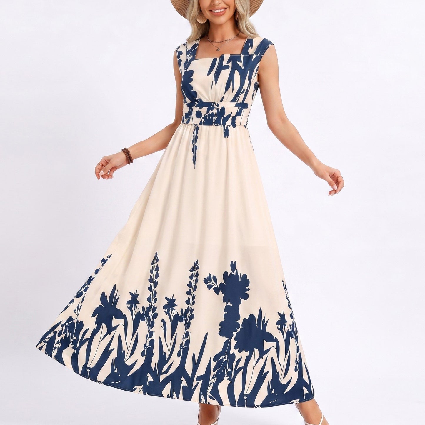 Border Print Maxi Dress Square Neck Sleeveless A Line Dress