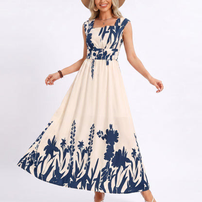 Border Print Maxi Dress Square Neck Sleeveless A Line Dress