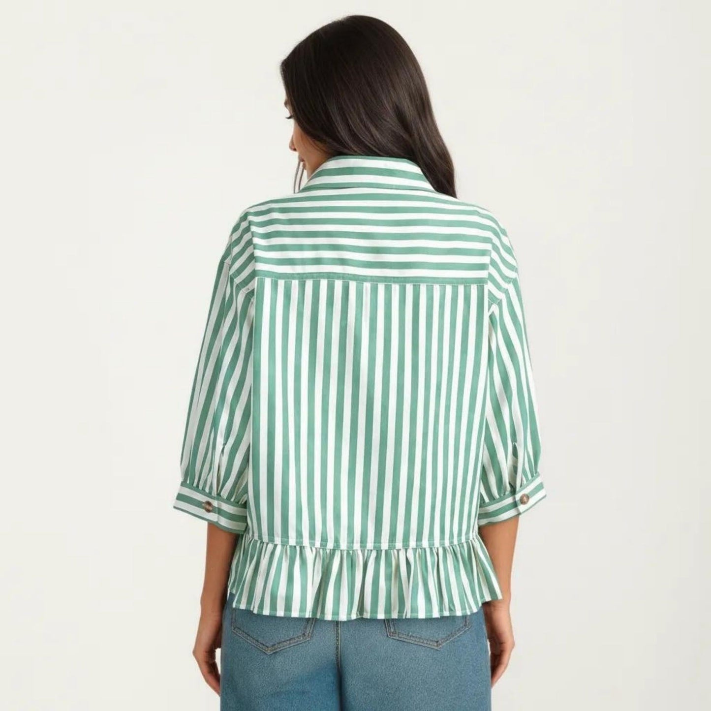 Striped Button Down Blouse with Collar Three Quarter Sleeve Peplum Hem Pocket Detail Casual Shirt
