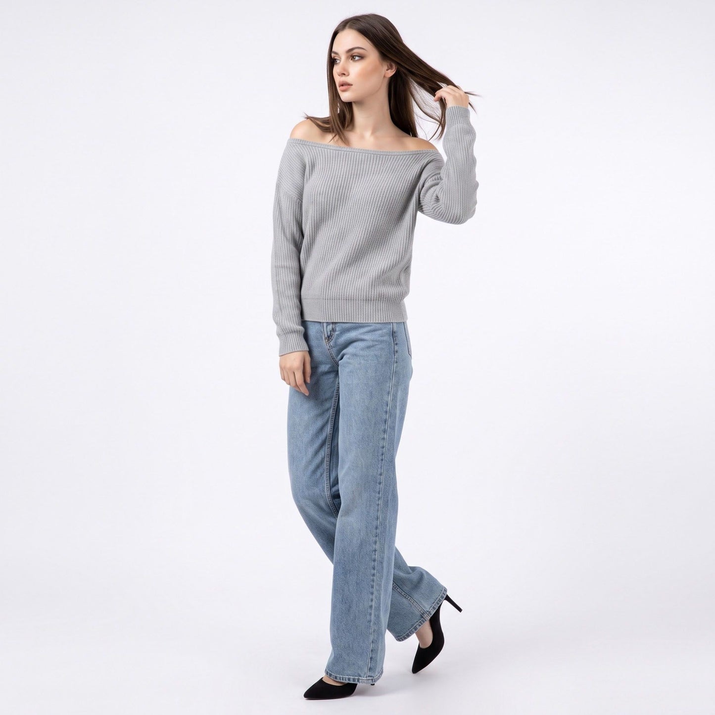 Off Shoulder Ribbed Knit Pullover Sweater