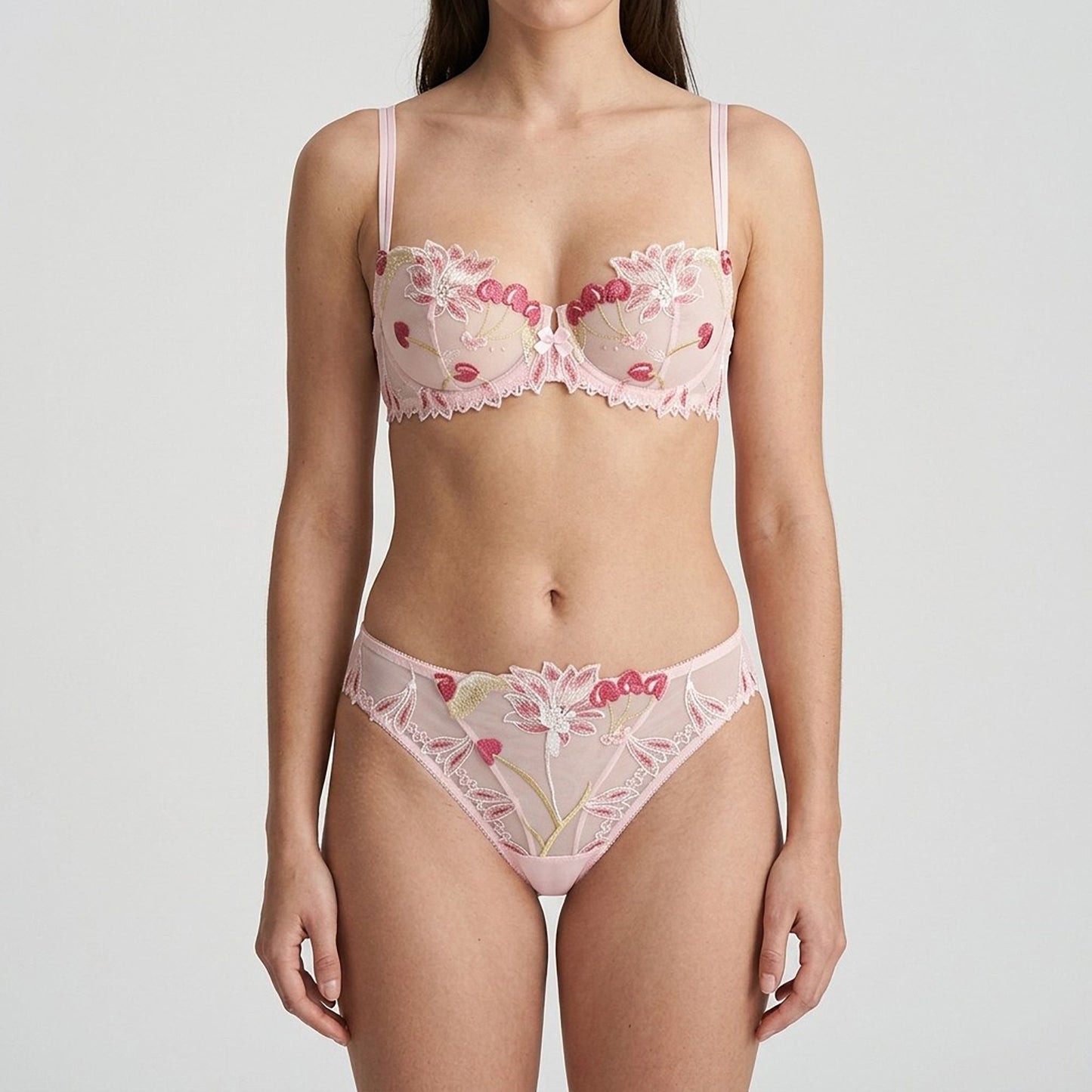 Floral Embroidered Sheer Mesh Underwire Bra and Panty Two Piece Lingerie Set