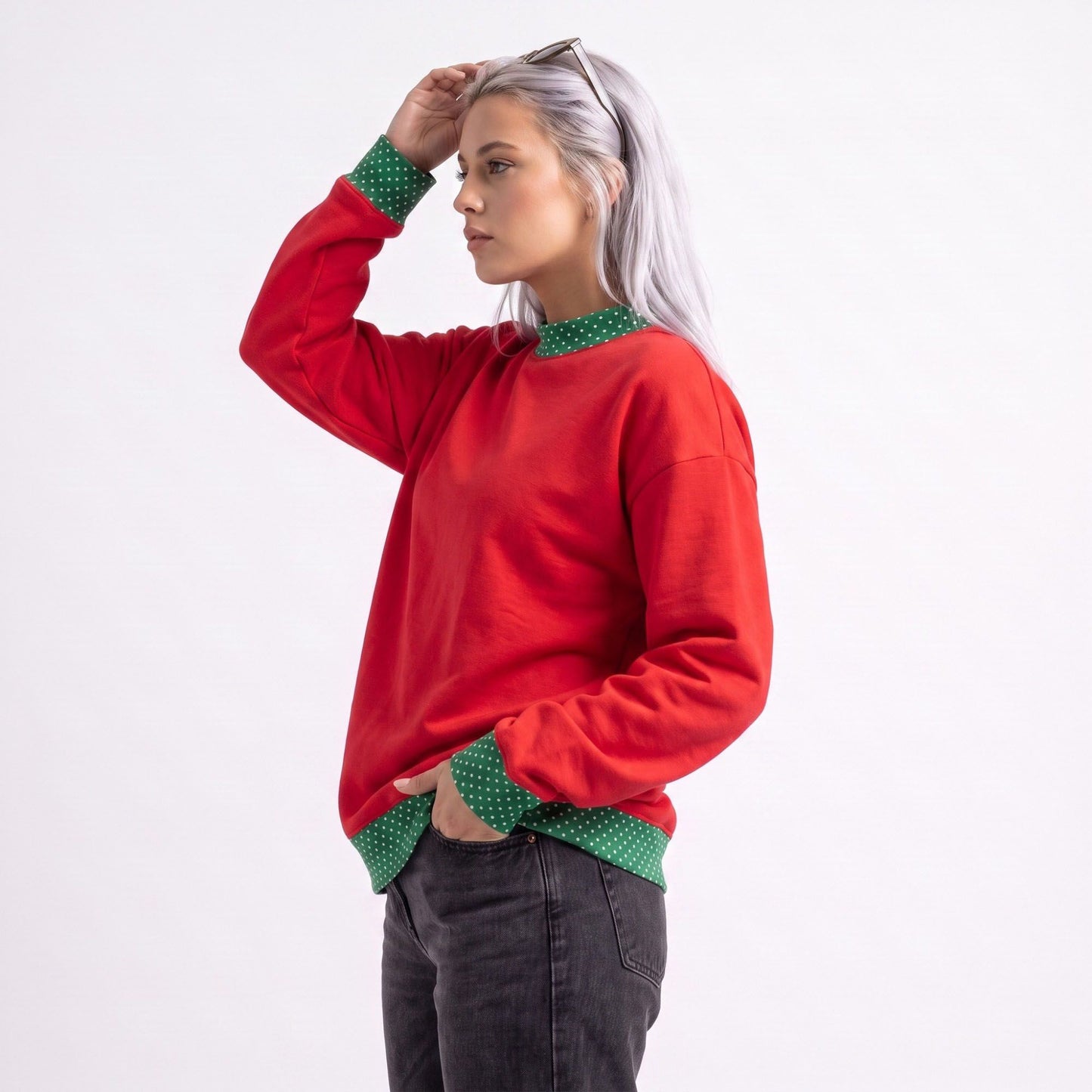 Long Sleeve Contrast Trim Sweatshirt with Polka Dot Details