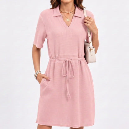 Waffle Knit Collared V-Neck Drawstring Short Dress