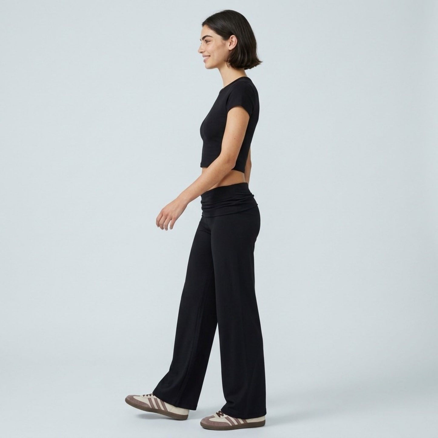 Foldover Waistband Full-Length Wide-Leg Trousers