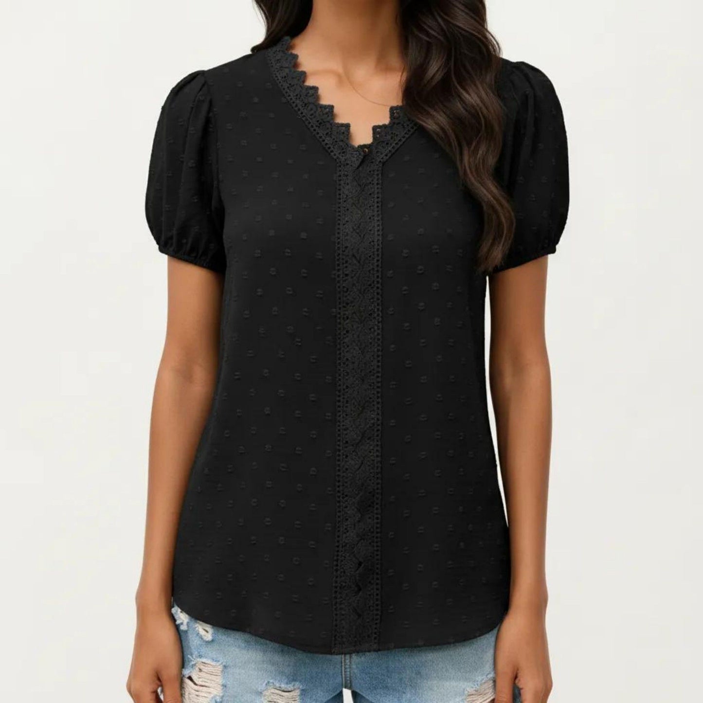 Short Sleeve Swiss Dot Top with Lace Trim V-Neck and Puff Sleeves