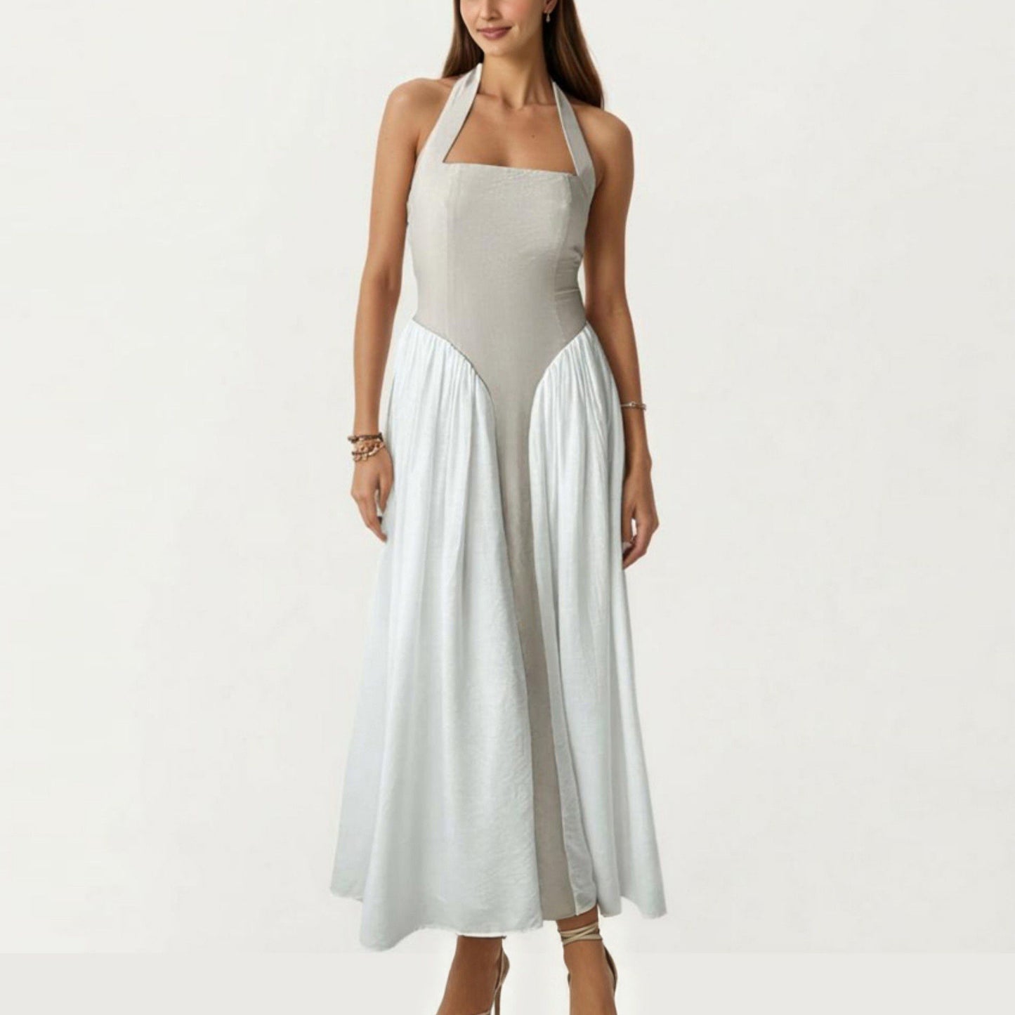Color Block Halter Neck Smocked Back Maxi Dress