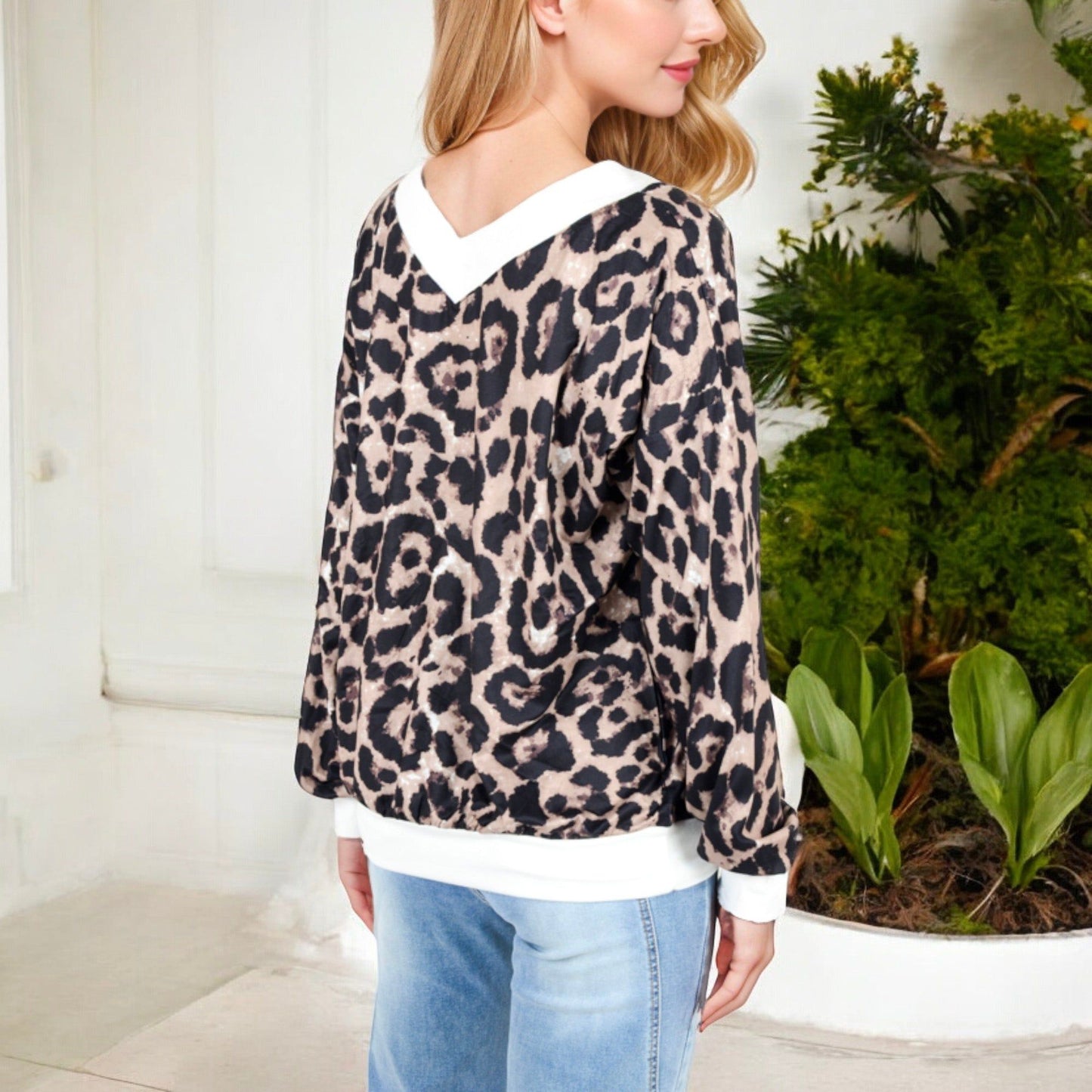 Leopard Print V-Neck Long Sleeve Pullover with Contrast Trim