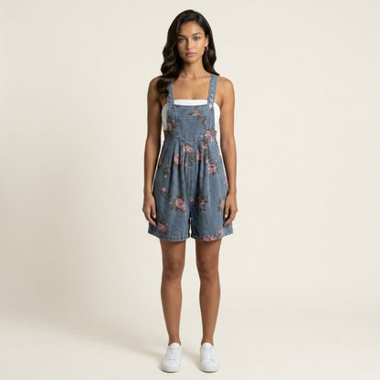 Floral Denim Overall Romper Adjustable Strap Sleeveless Shortalls Loose Fit