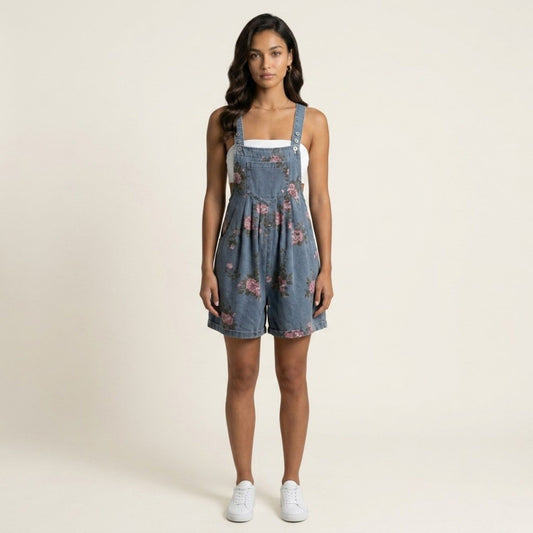 Floral Denim Overall Romper Adjustable Strap Sleeveless Shortalls Loose Fit