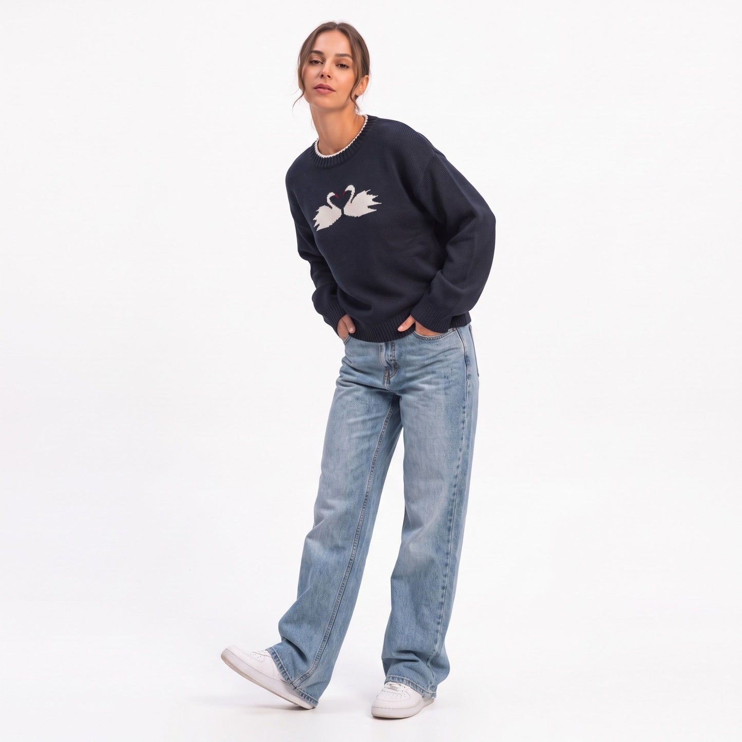 Swan Graphic Crewneck Long Sleeve Pullover Sweater