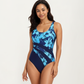 Floral Print One Piece Swimsuit with Asymmetrical Colorblock Panel Design