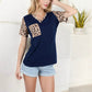 V-Neck Leopard Print Pocket Tee with Contrast Sleeves