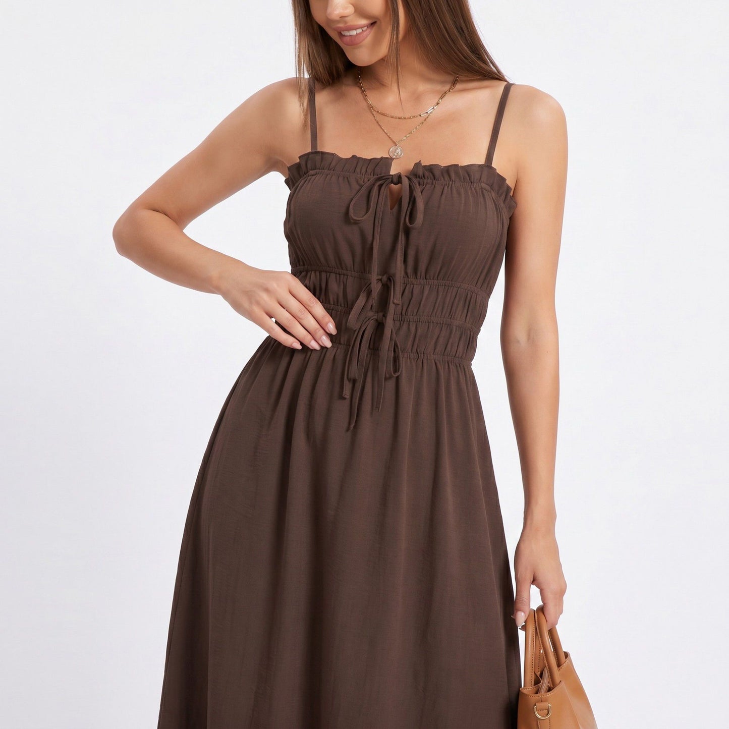 Smocked Midi Dress Spaghetti Strap Tie Front A Line Dress