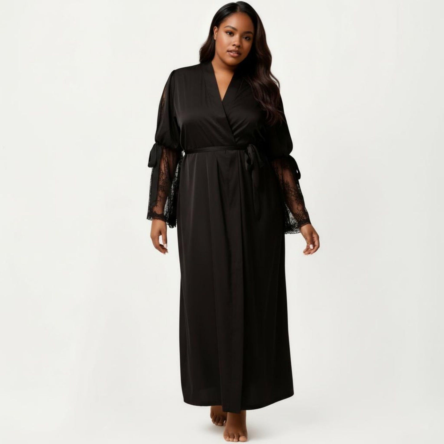 Plus Size Long Satin Robe Lace Sleeve Wrap Nightgown Belted Kimono Sleepwear