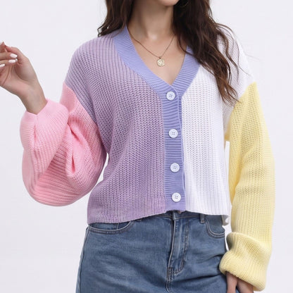 V Neck Button Front Cropped Knit Cardigan with Long Sleeves