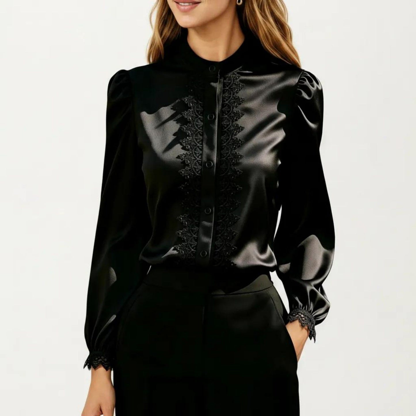 Long Sleeve Blouse with Lace Trim Front and Puff Sleeve Cuffs