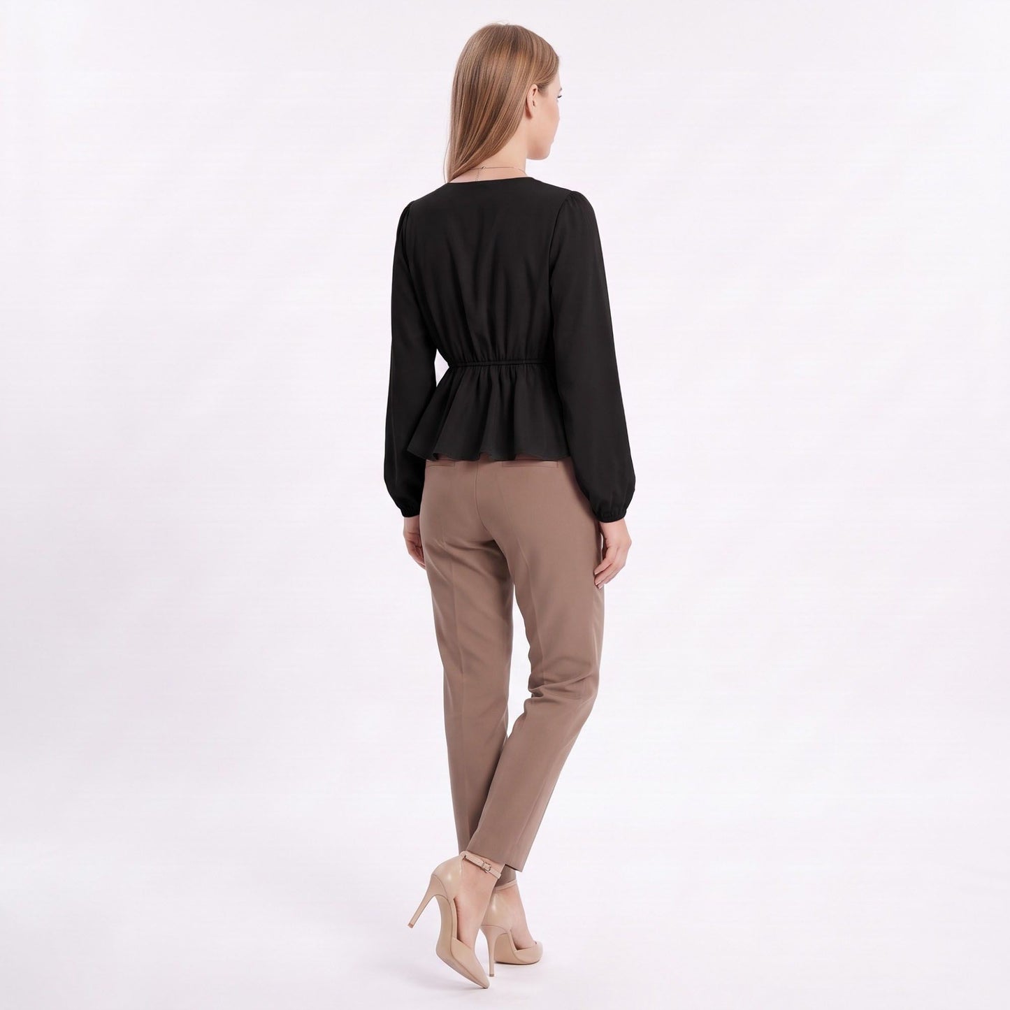 V Neck Long Sleeve Peplum Blouse Elastic Waist Casual Dressy Top