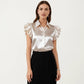 Satin Button Down Blouse with Ruffle Sleeves and Collared Neckline