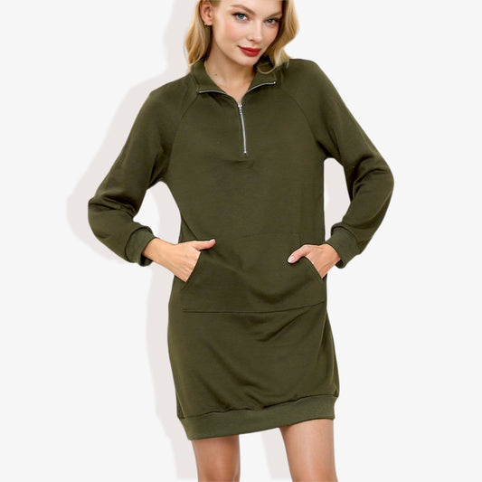 Cuffed Long Sleeve Solid Kangaroo Pocket Zipper Mini Dress