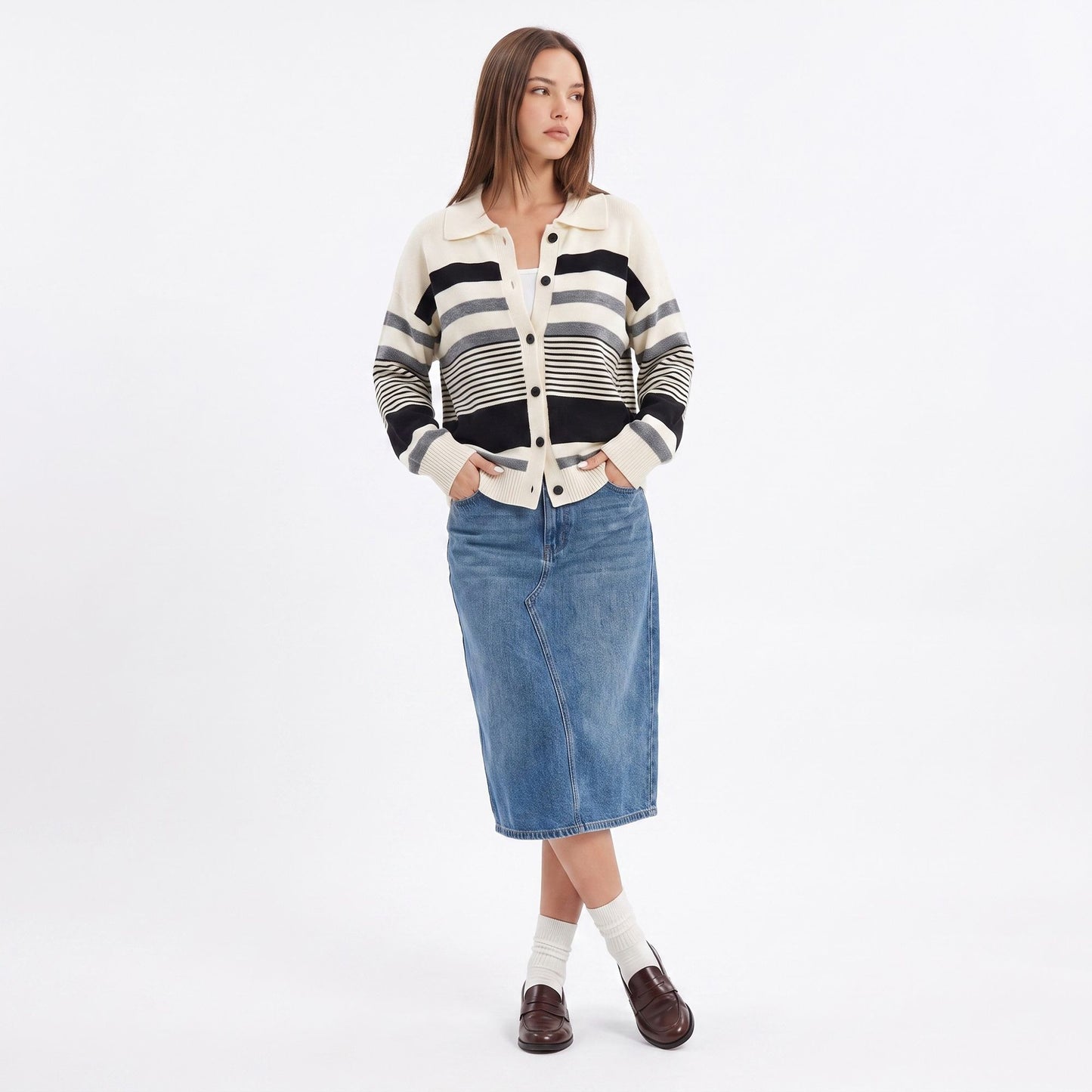 Striped Collared Button Front Knit Cardigan Sweater
