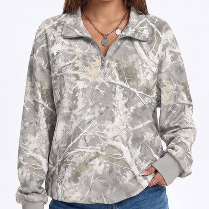 Camo Print Quarter Zip Long Sleeve Pullover Sweatshirt