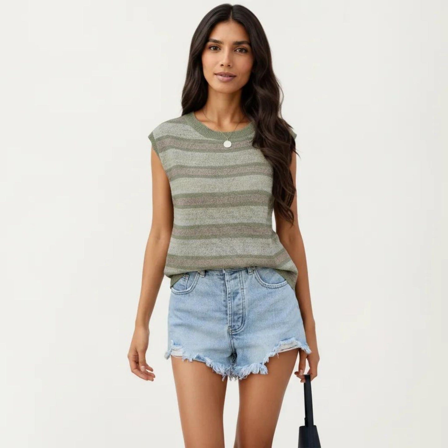Sleeveless Striped Knit Top with Shoulder Button Detail and Relaxed Fit