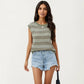 Sleeveless Striped Knit Top with Shoulder Button Detail and Relaxed Fit
