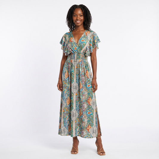 Paisley Print Maxi Dress with V Neck Flutter Sleeves Smocked Waist and Side Slit