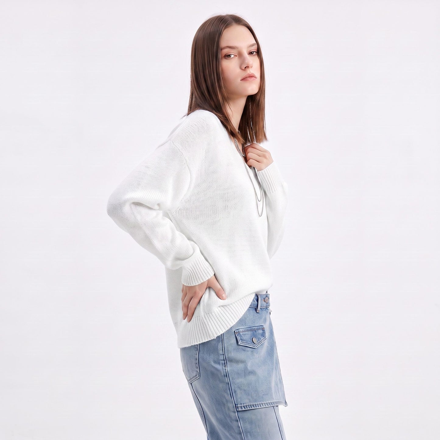 Oversized V Neck Longline Knit Pullover Sweater