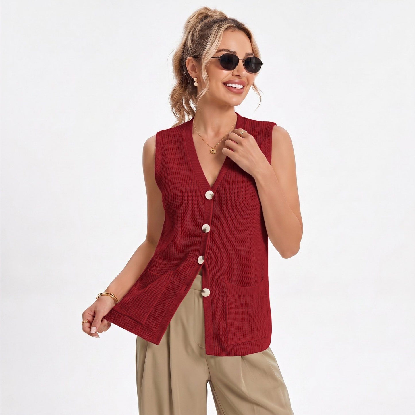 Button Front Sweater Vest V Neck Sleeveless Knit Pocket Top