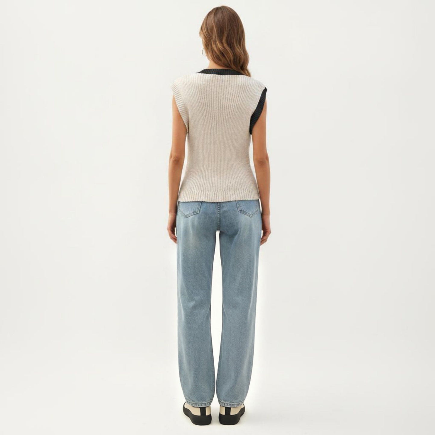Sleeveless Colorblock Knit Vest with Button Front and Ribbed Trim
